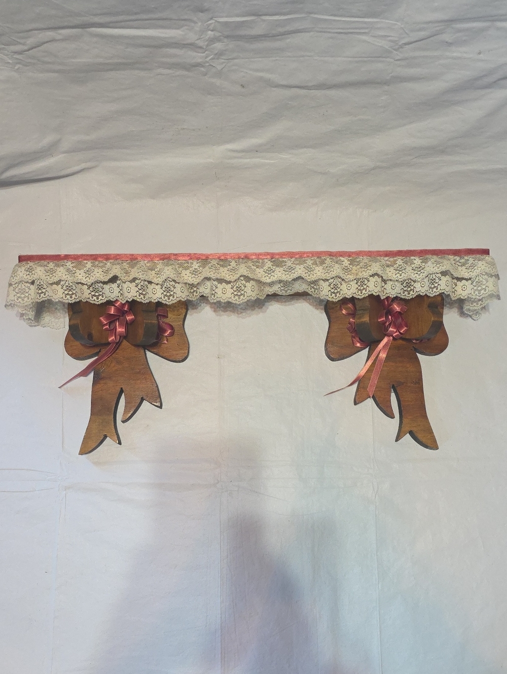 Wooden Bow 24" Wall Shelf with Lace and Pink Ribbon Trim Granny Cottagecore